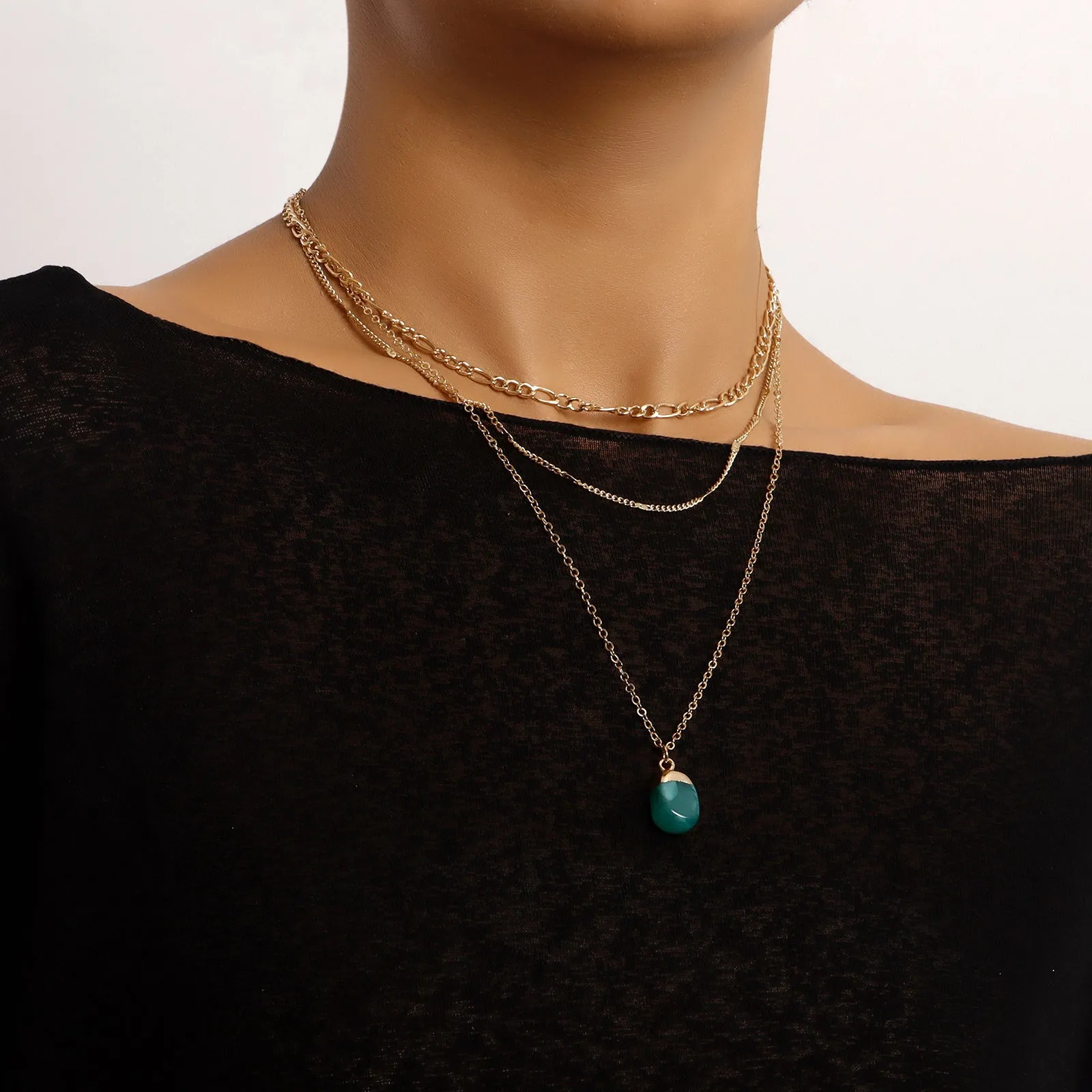 European And American Jewelry Trendy Multi-layer Small Hole Chain Green Agate Stone