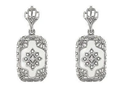 Filigree Crystal and Diamonds Art Deco Earrings in Sterling Silver