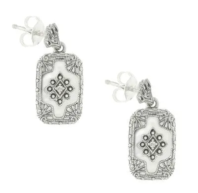 Filigree Crystal and Diamonds Art Deco Earrings in Sterling Silver