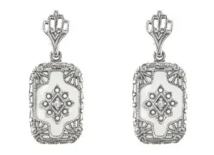 Filigree Crystal and Diamonds Art Deco Earrings in Sterling Silver