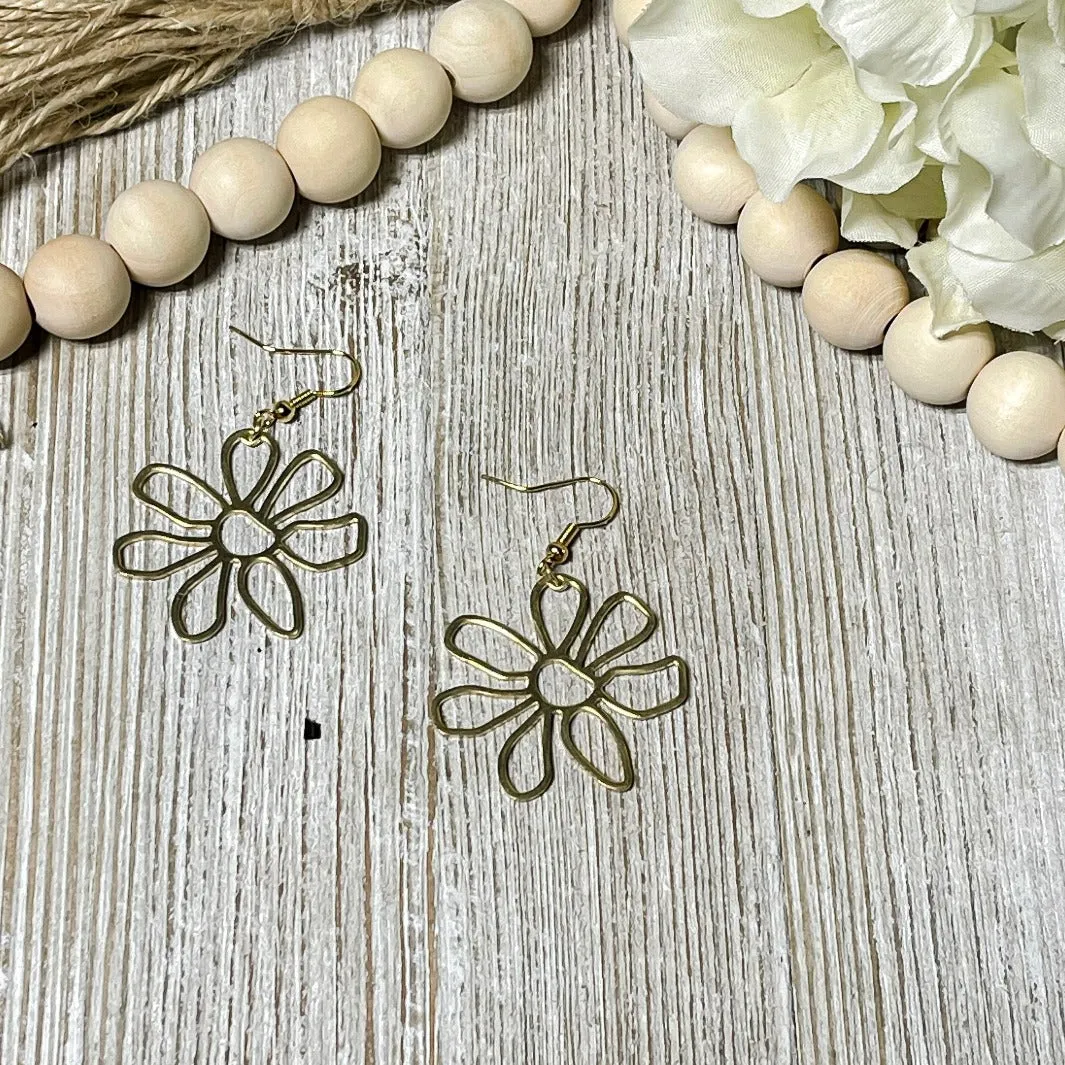 Flower|Raw Brass|Earrings|Dangle|Lightweight