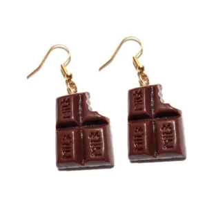 Glossy Bitten Chocolate Bar Earrings | Chocolate with Bite Earrings | Chocolate Bar Dangle Earrings