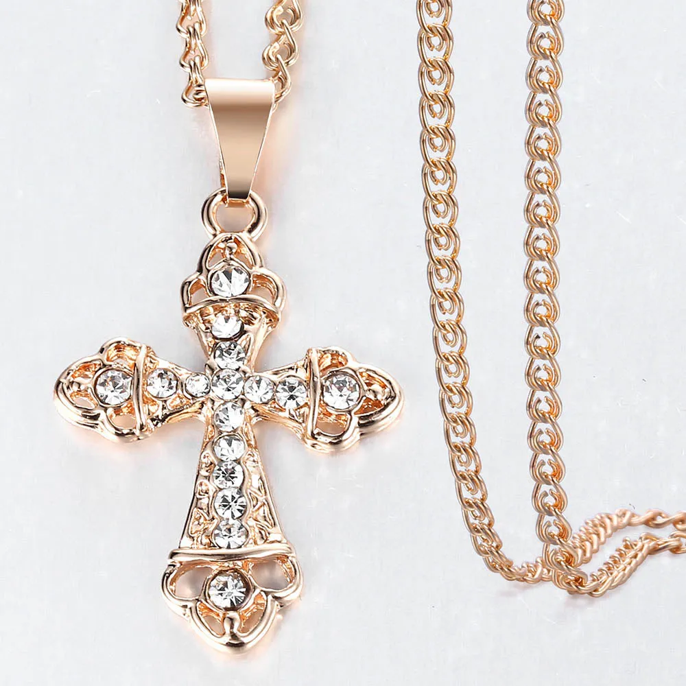 Gold Cross Pendant Necklace With Clear Crystal For Men and Women 2