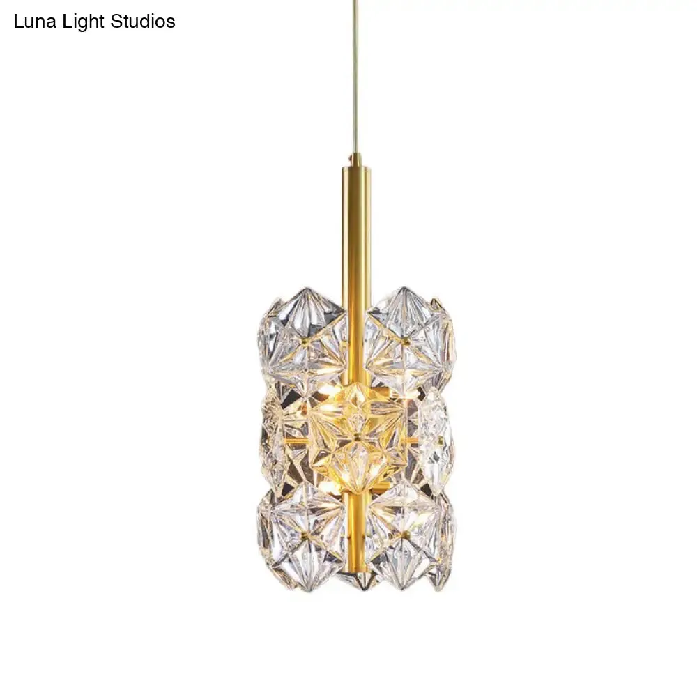 Gold Hexagonal K9 Crystal Cylinder Pendant Light - Sleek Simplicity for Bedroom - 6-Bulb Hanging Lamp