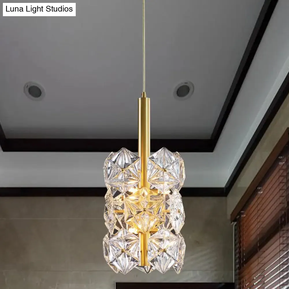 Gold Hexagonal K9 Crystal Cylinder Pendant Light - Sleek Simplicity for Bedroom - 6-Bulb Hanging Lamp