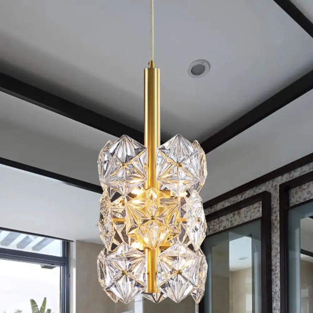 Gold Hexagonal K9 Crystal Cylinder Pendant Light - Sleek Simplicity for Bedroom - 6-Bulb Hanging Lamp