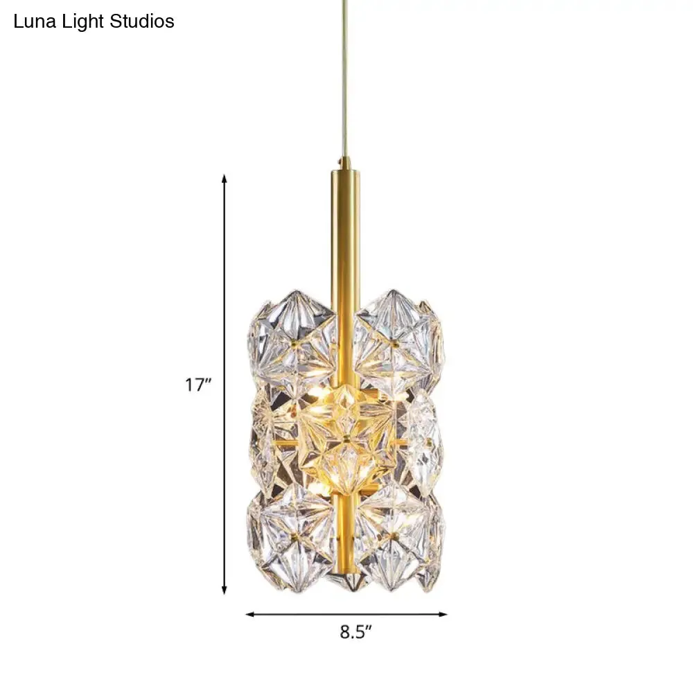 Gold Hexagonal K9 Crystal Cylinder Pendant Light - Sleek Simplicity for Bedroom - 6-Bulb Hanging Lamp