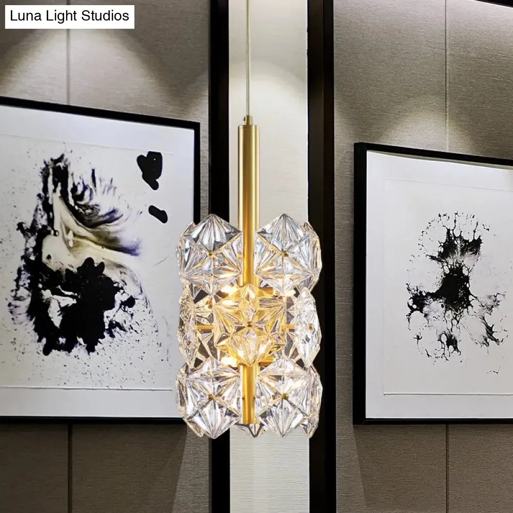 Gold Hexagonal K9 Crystal Cylinder Pendant Light - Sleek Simplicity for Bedroom - 6-Bulb Hanging Lamp