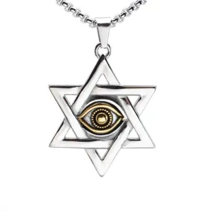 Gold Silver Tone Stainless Steel Jewish Star of David Eyes Hexagram Pendant Necklace  SS Chain 60CM Long