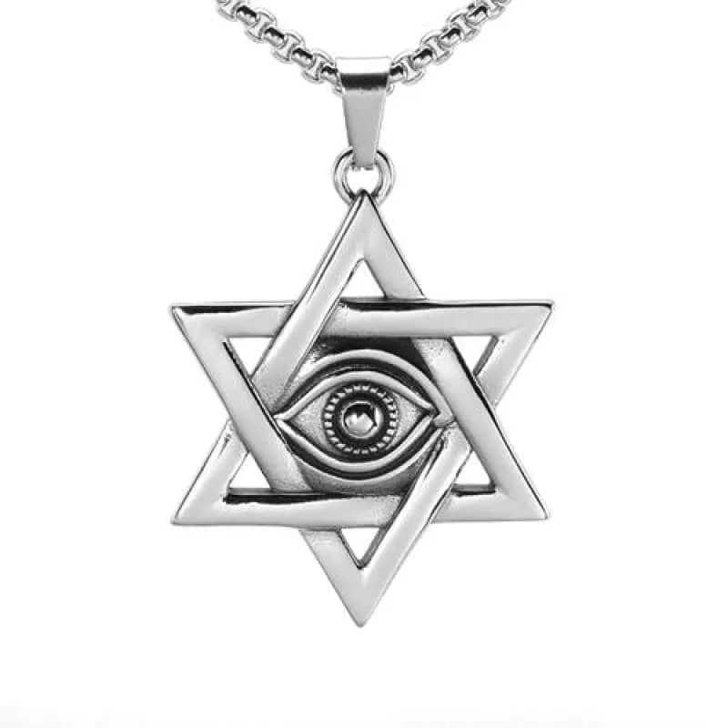 Gold Silver Tone Stainless Steel Jewish Star of David Eyes Hexagram Pendant Necklace  SS Chain 60CM Long