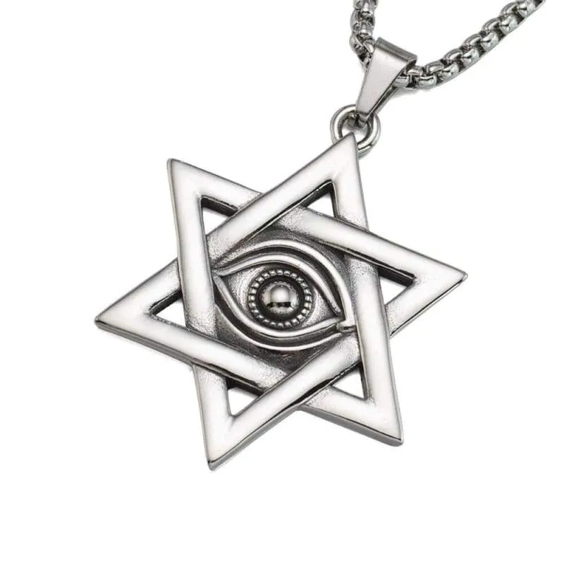 Gold Silver Tone Stainless Steel Jewish Star of David Eyes Hexagram Pendant Necklace  SS Chain 60CM Long