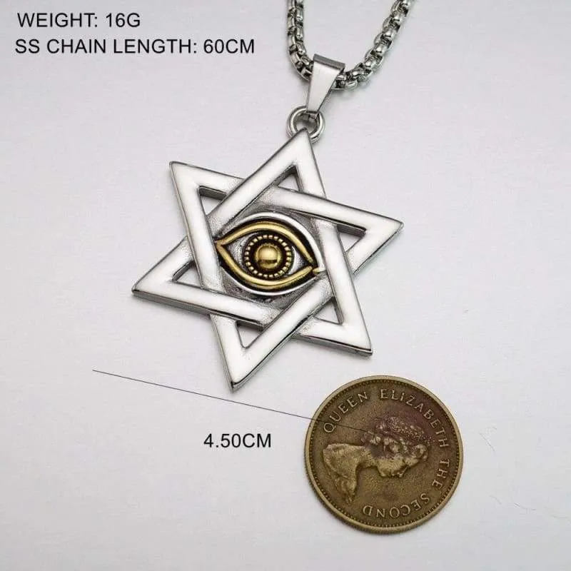 Gold Silver Tone Stainless Steel Jewish Star of David Eyes Hexagram Pendant Necklace  SS Chain 60CM Long