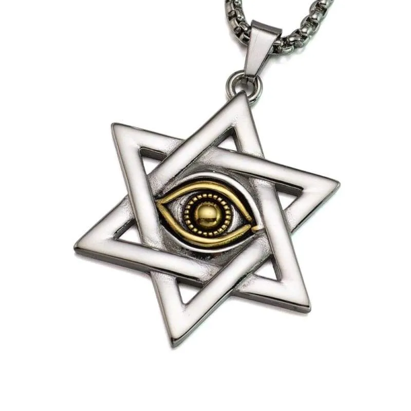 Gold Silver Tone Stainless Steel Jewish Star of David Eyes Hexagram Pendant Necklace  SS Chain 60CM Long