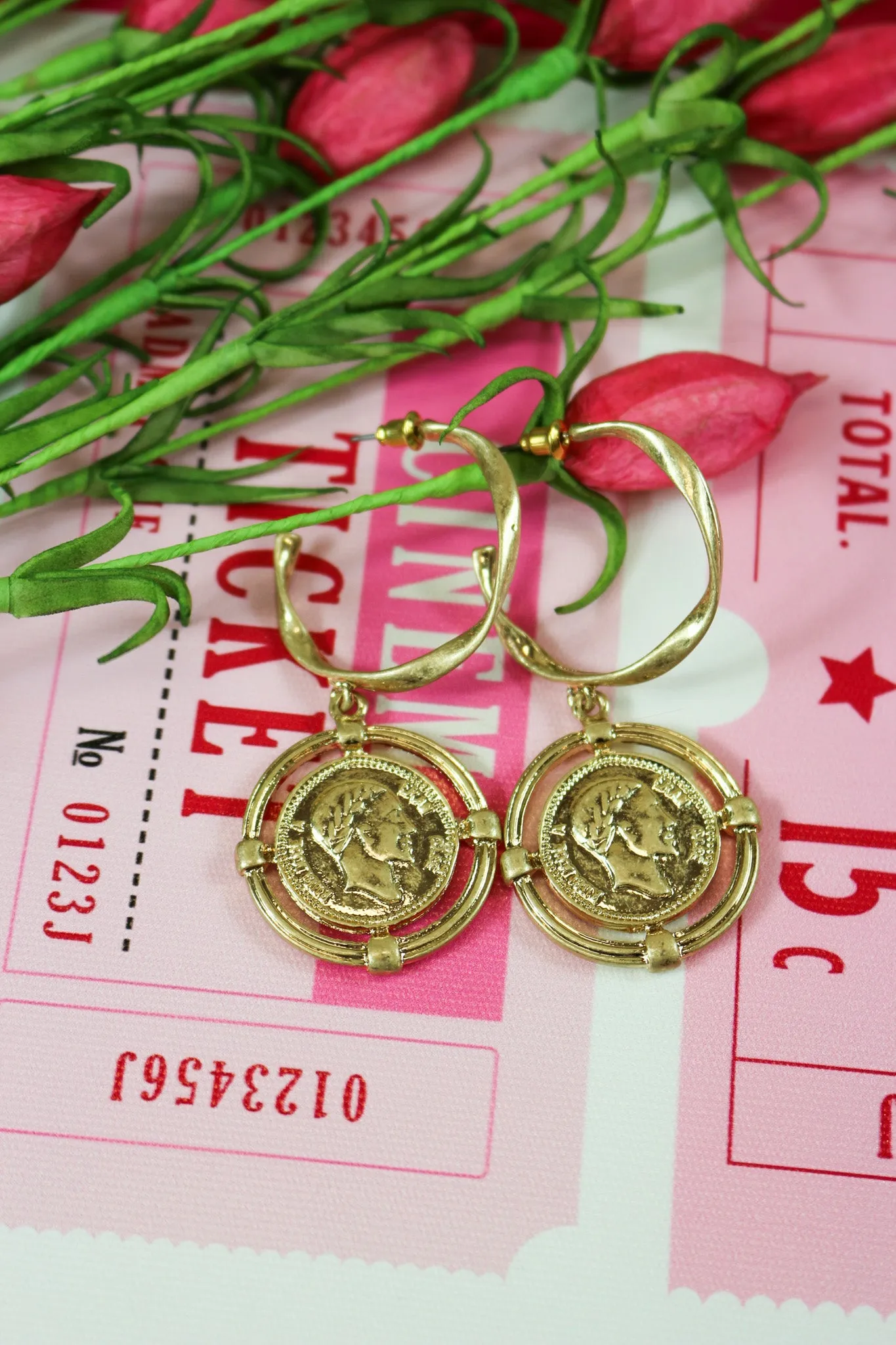 Gold Small Hoop Worn Gold Coin 1.5" Earring