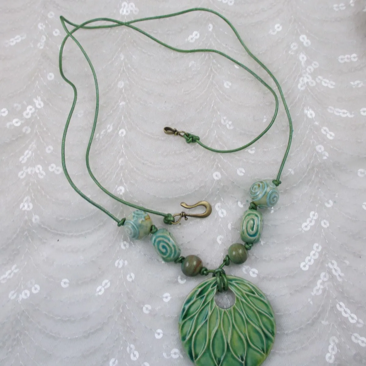 Green Pendant Necklace on Long Leather Cord