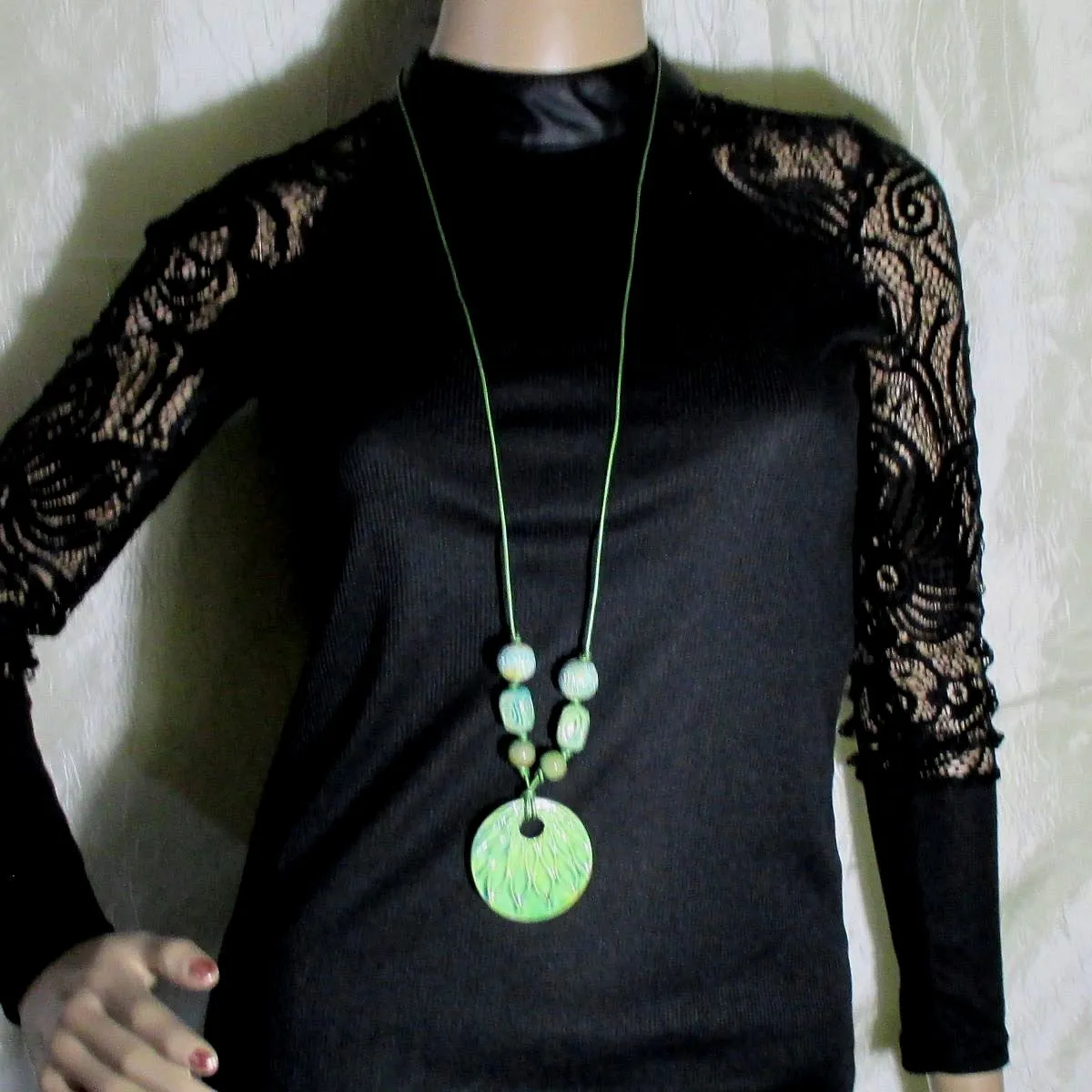 Green Pendant Necklace on Long Leather Cord