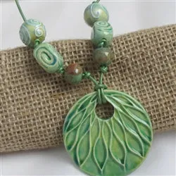 Green Pendant Necklace on Long Leather Cord