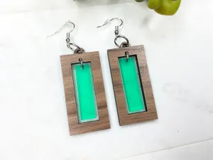 Green Rectangle Dangle Earring Green and Walnut Drop Earring Gold Geometric Boho Style