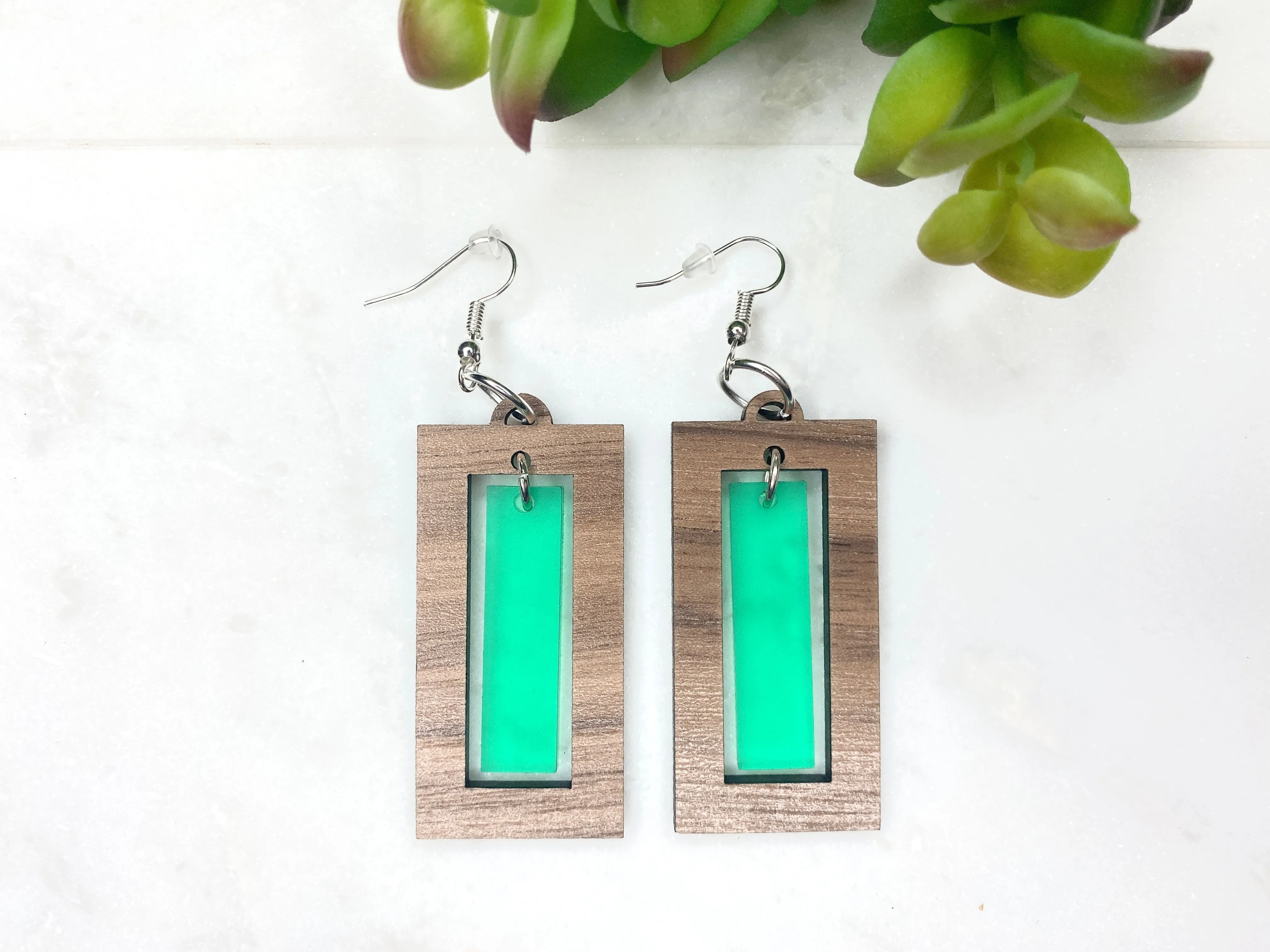 Green Rectangle Dangle Earring Green and Walnut Drop Earring Gold Geometric Boho Style