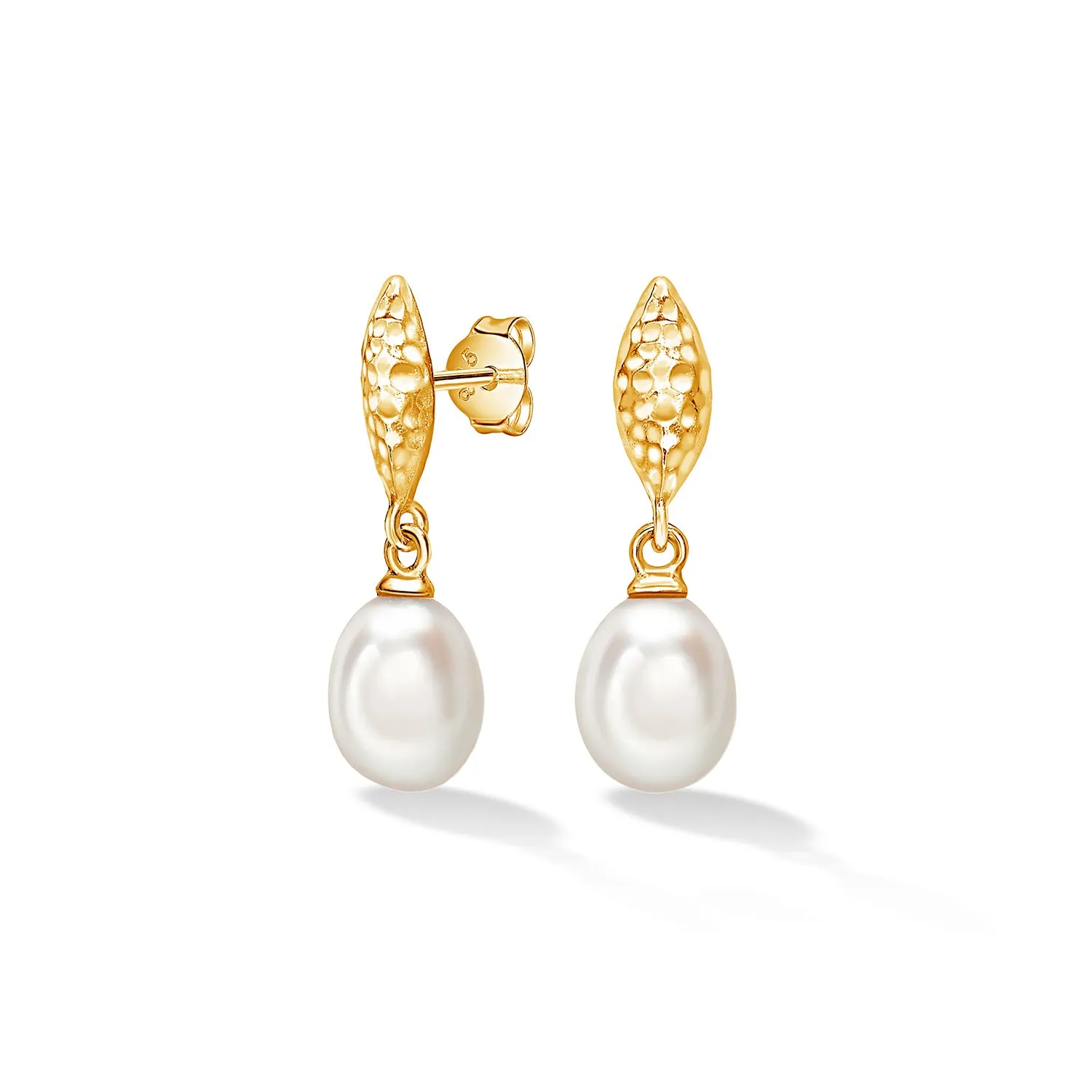 Hammered Marquise & White Freshwater Pearl Drop Earrings