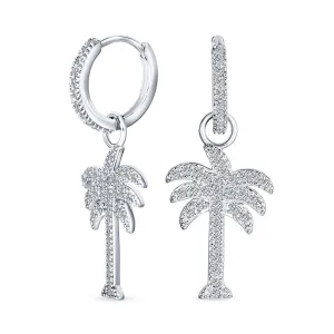 Hawaiian Palm Tree Dangle Chandelier Earrings with CZ Cubic Zirconia in Sterling Silver