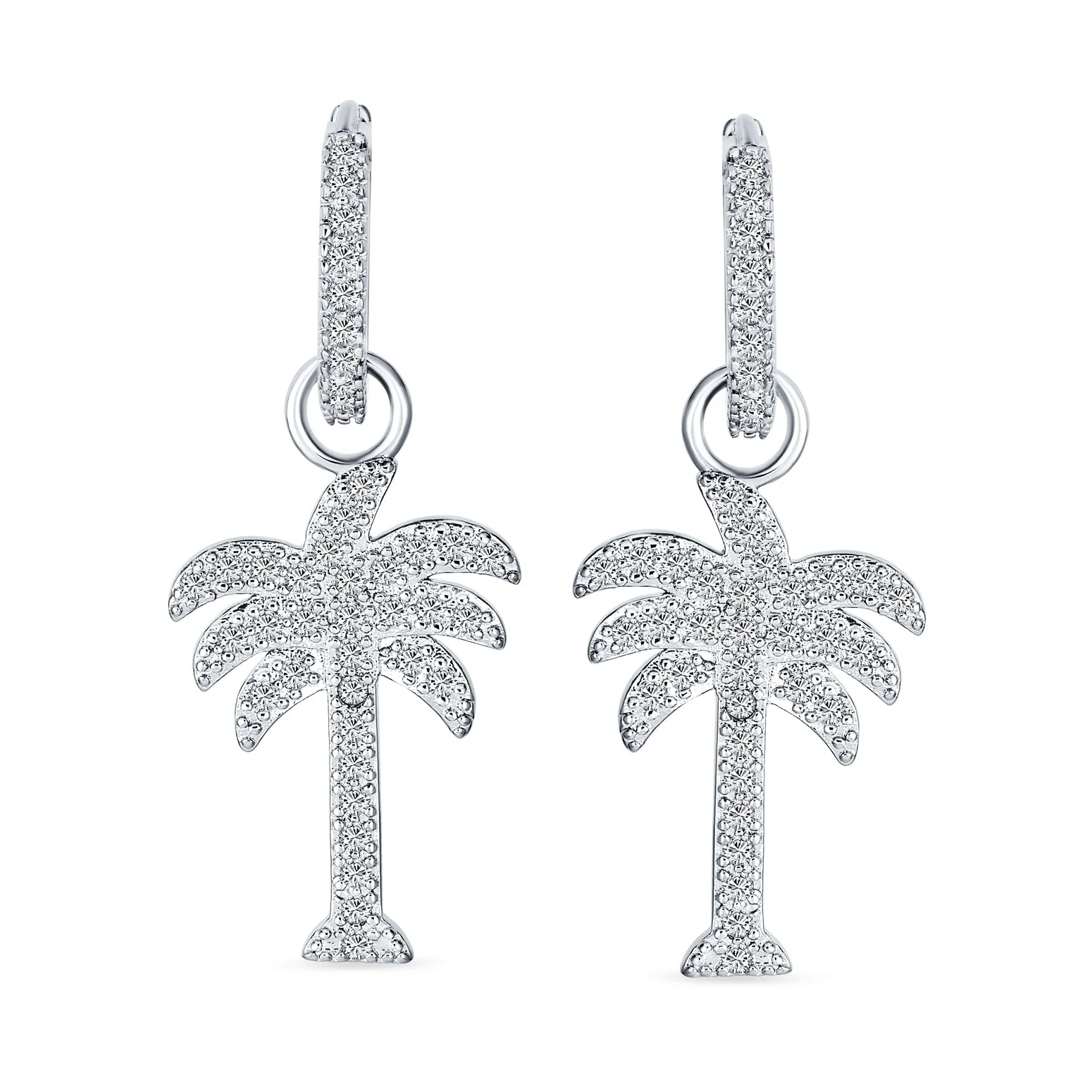 Hawaiian Palm Tree Dangle Chandelier Earrings with CZ Cubic Zirconia in Sterling Silver