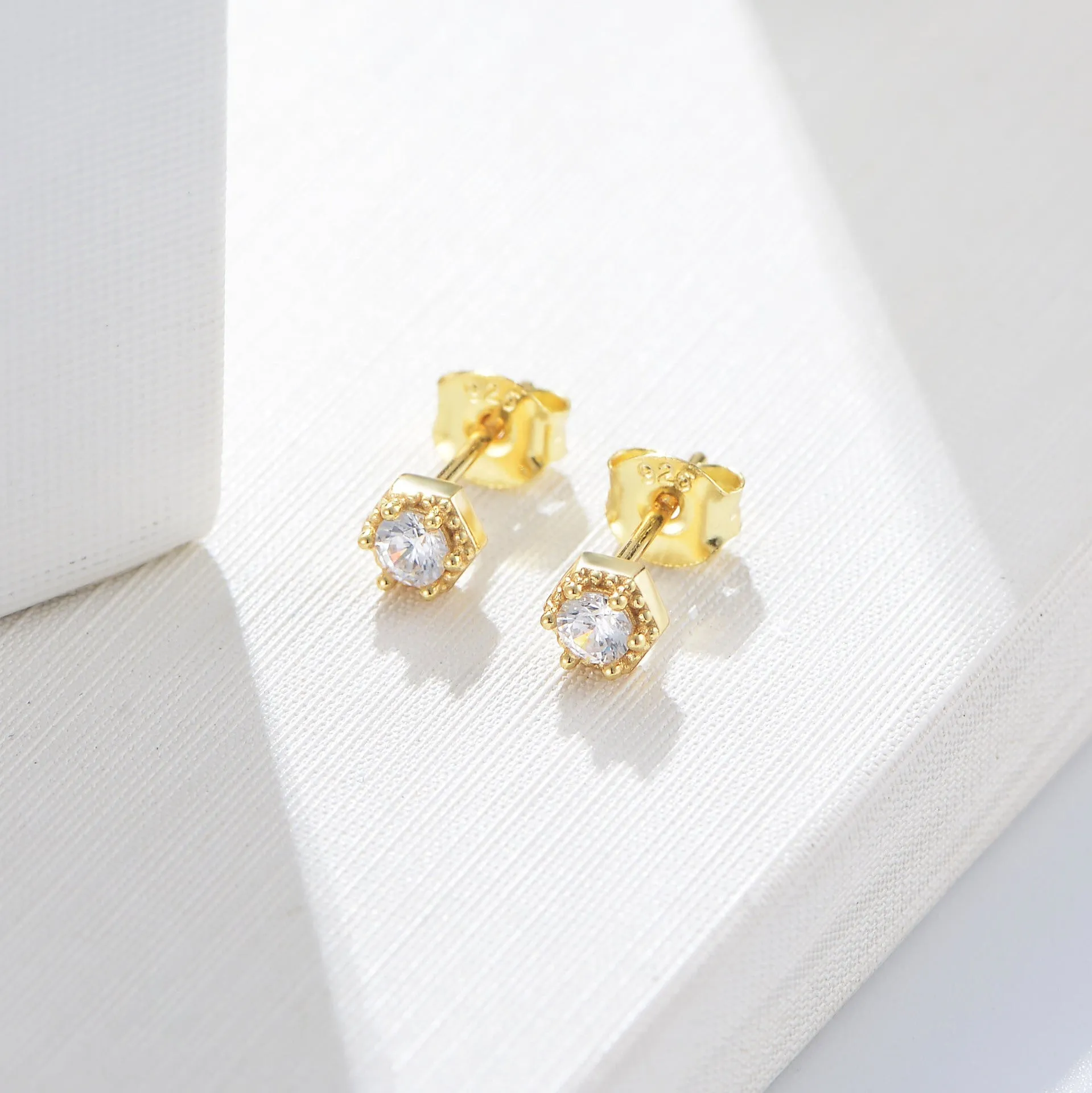 Hexagon with Round Zircon Silver Studs Earrings for Women