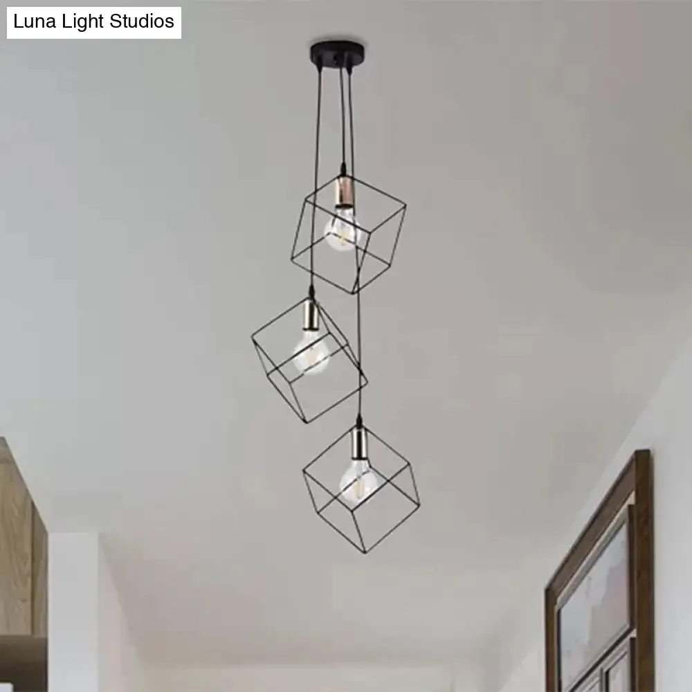 Industrial Black Metal Pendant Lighting: Square Suspension Light with 3 Lights for Foyer