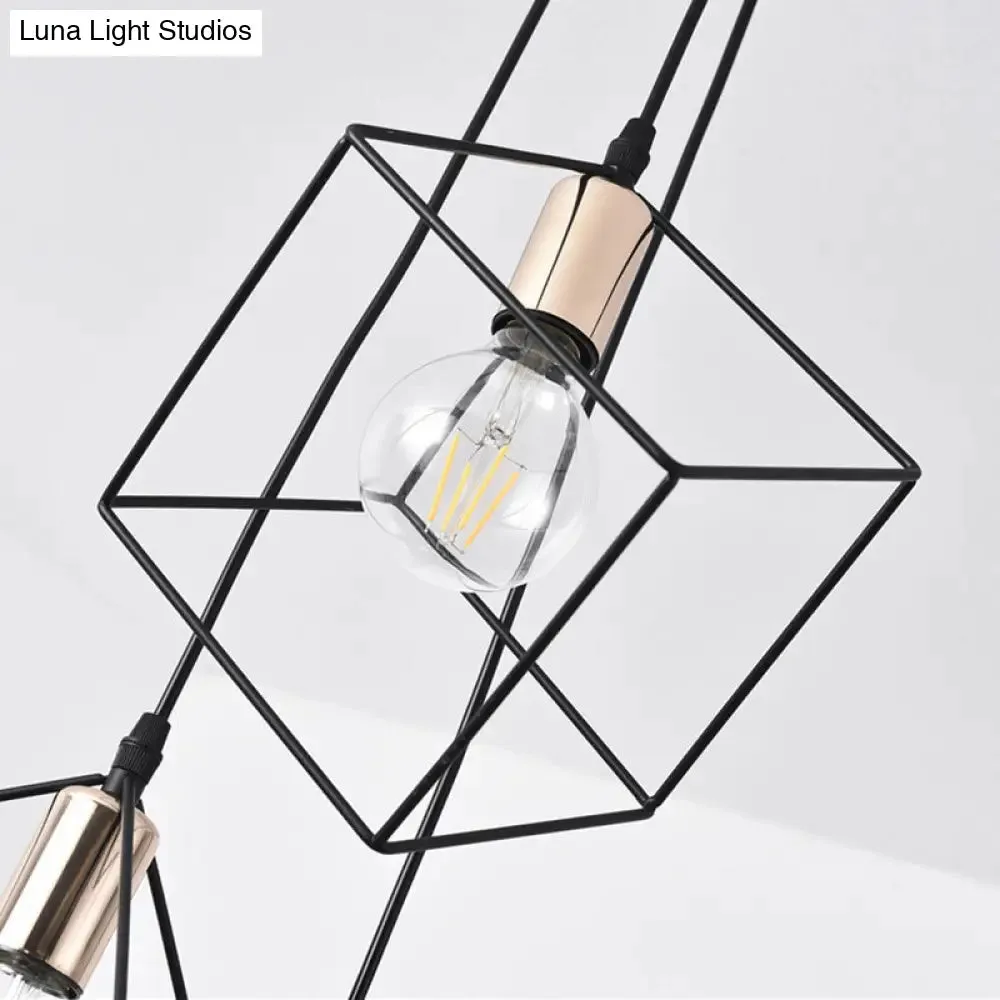 Industrial Black Metal Pendant Lighting: Square Suspension Light with 3 Lights for Foyer