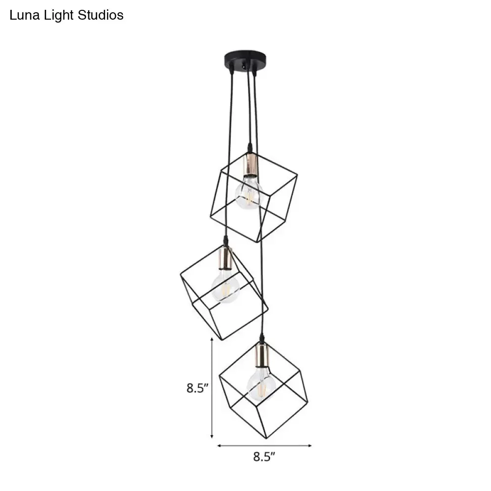 Industrial Black Metal Pendant Lighting: Square Suspension Light with 3 Lights for Foyer