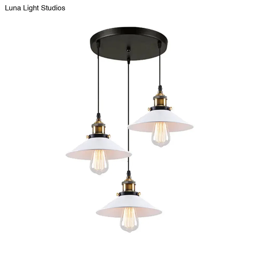 Industrial Style White Conic Ceiling Pendant with Metallic Finish - 3 Heads Indoor Hanging Light