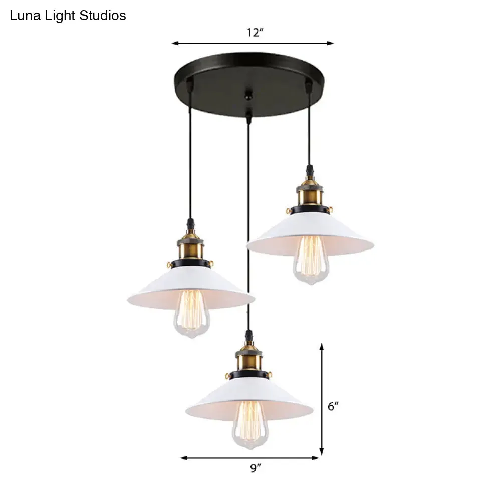 Industrial Style White Conic Ceiling Pendant with Metallic Finish - 3 Heads Indoor Hanging Light