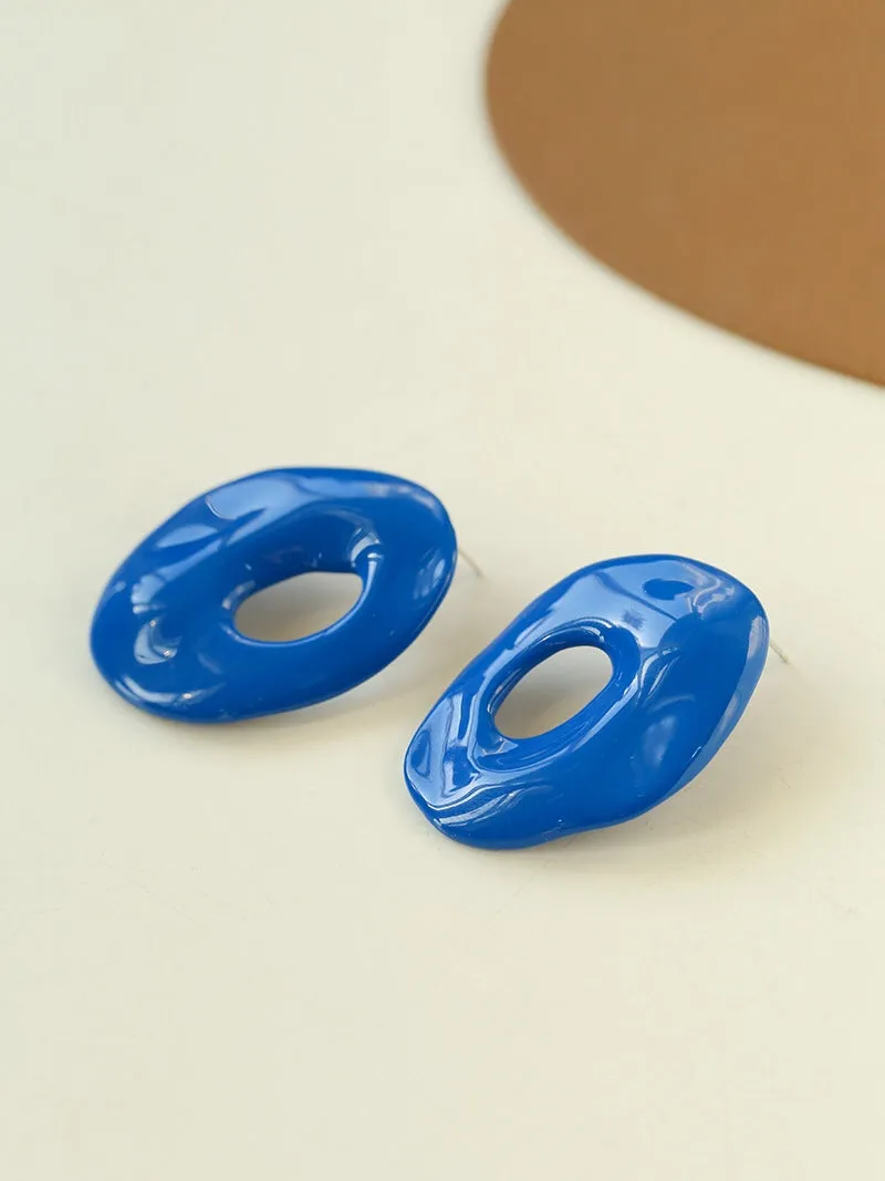 Irregular Geometric Oval Hollow Blue Enamel Earrings