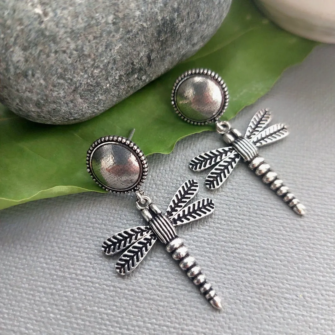 Leafy Dragonflies- Silver Toned Stylish Earrings