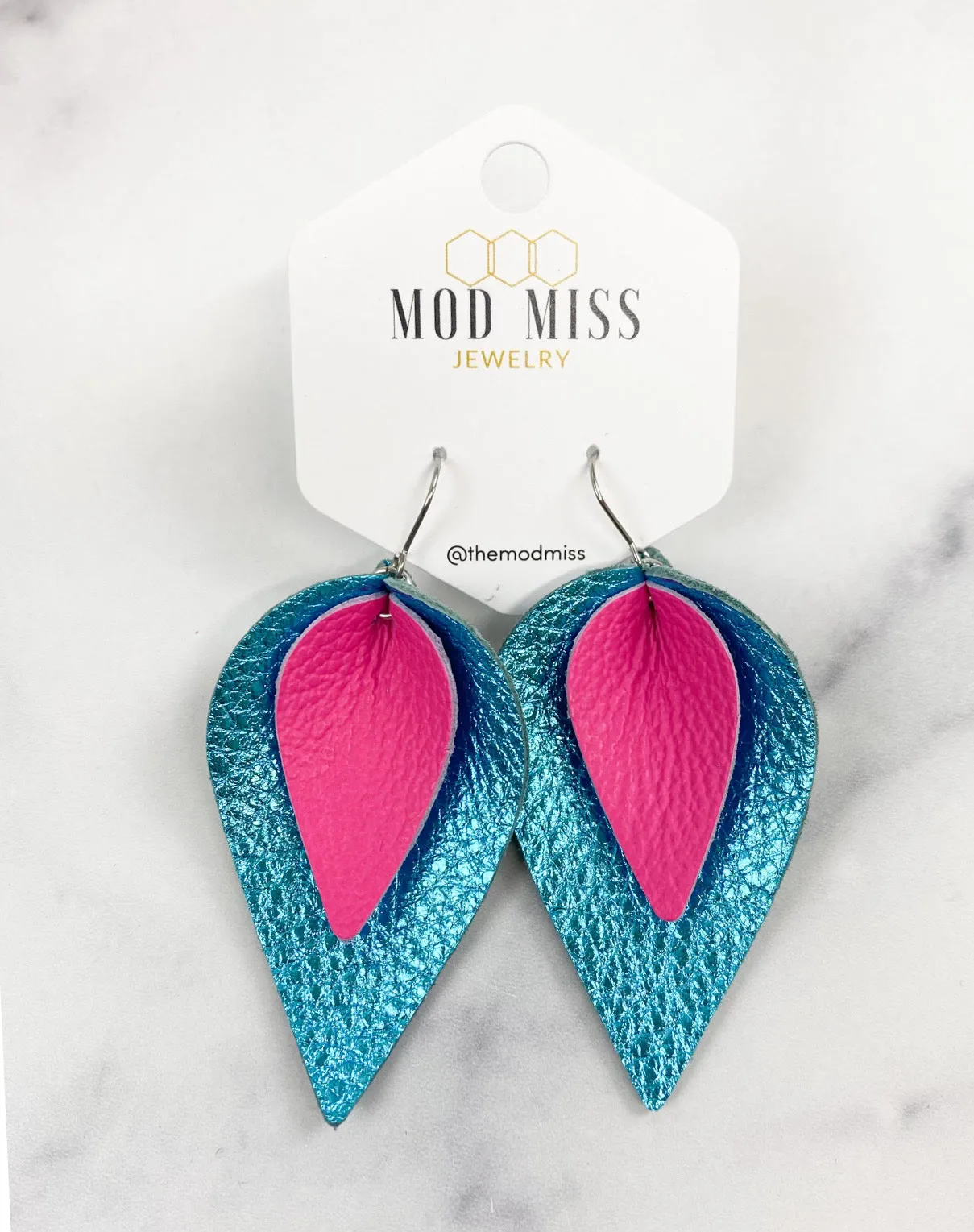 Leather Stacked  Petal Earring "Hot Pink   Metallic Turquoise "