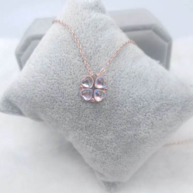 Love Heart Shaped Double Side Moonstone Magnetic Four Leaf Clover Good Pendant Necklace