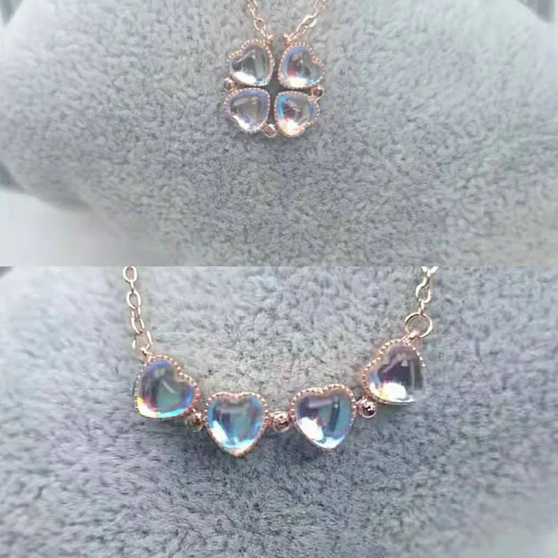 Love Heart Shaped Double Side Moonstone Magnetic Four Leaf Clover Good Pendant Necklace