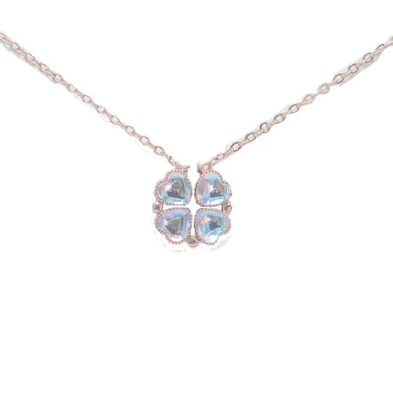 Love Heart Shaped Double Side Moonstone Magnetic Four Leaf Clover Good Pendant Necklace