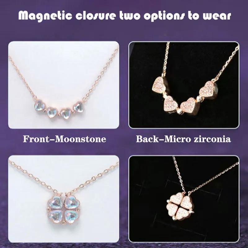 Love Heart Shaped Double Side Moonstone Magnetic Four Leaf Clover Good Pendant Necklace