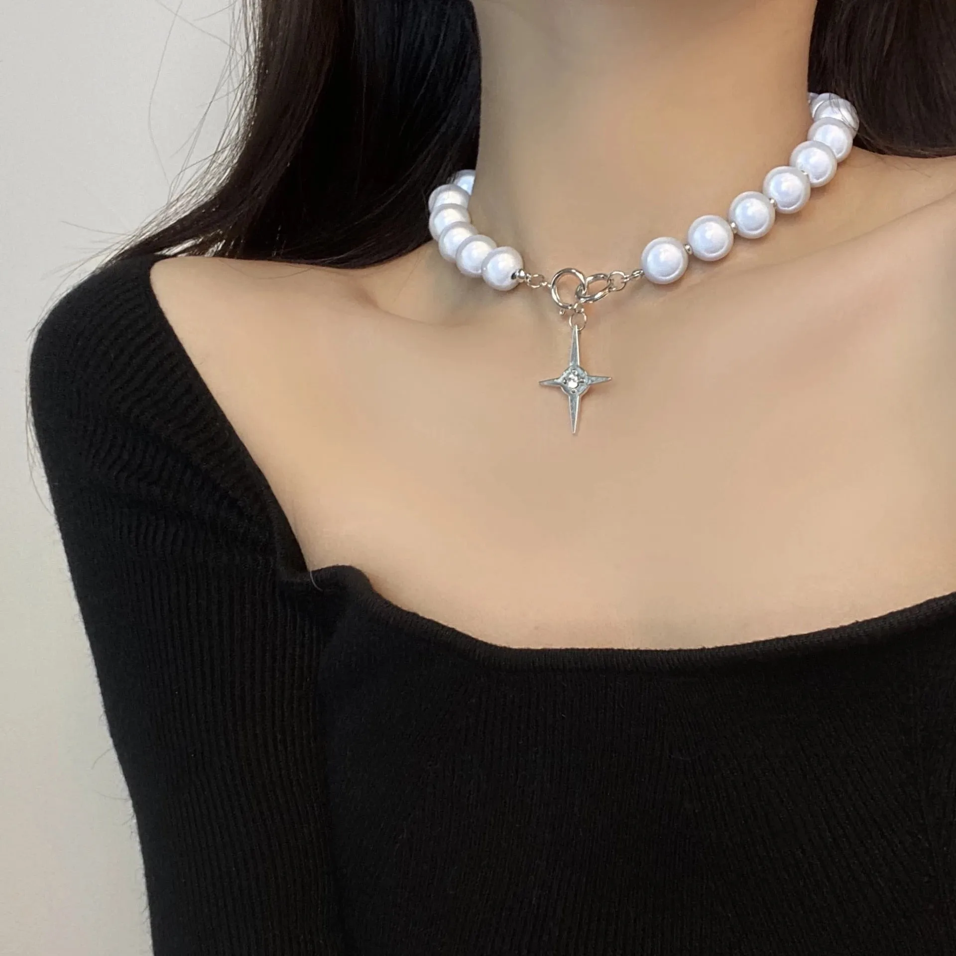 Luminous Beads Pearl Stitching Necklace Choker Cross Pendant Clavicle Sweet Party Jewelry