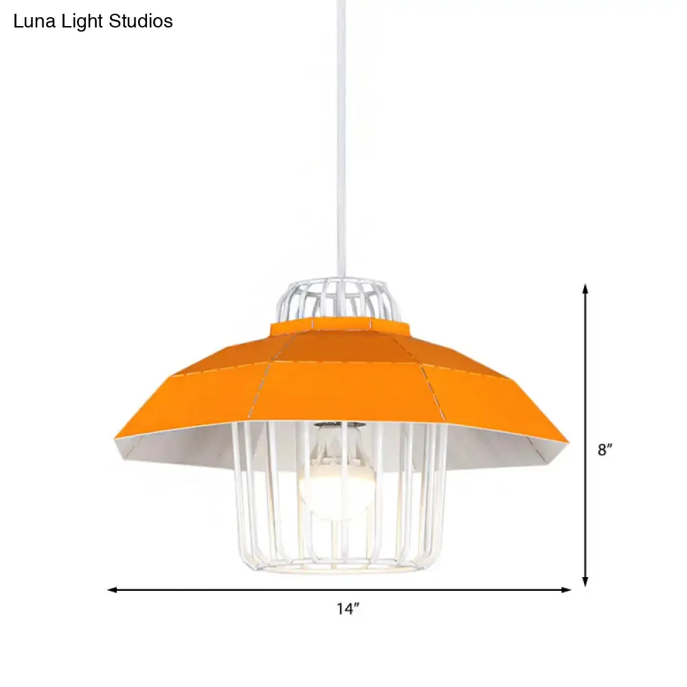 Macaron Style Drum/Bowl Pendant Light in Blue/Orange for Dining Table - Sleek Metallic Hanging Lamp with 1 Light