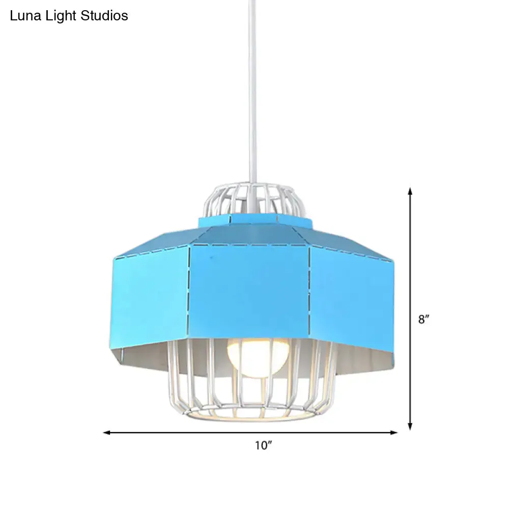 Macaron Style Drum/Bowl Pendant Light in Blue/Orange for Dining Table - Sleek Metallic Hanging Lamp with 1 Light