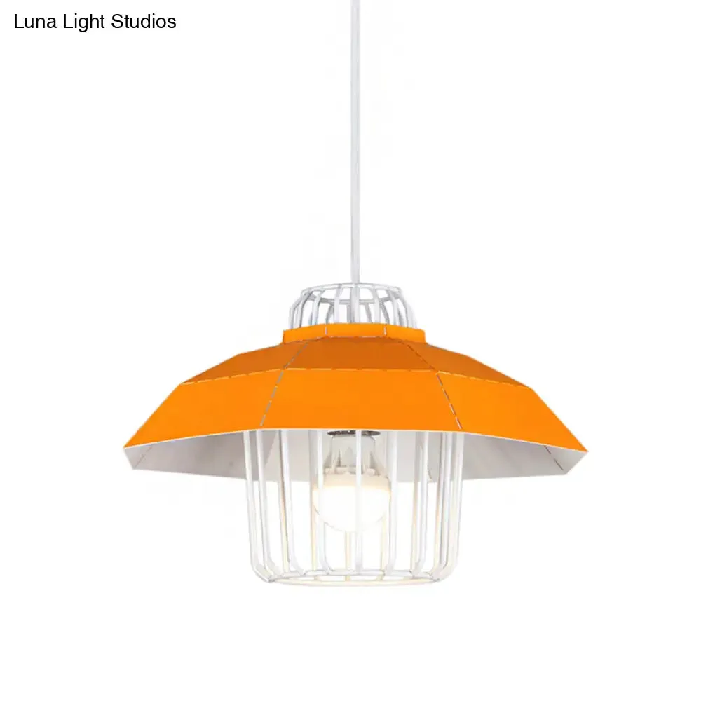 Macaron Style Drum/Bowl Pendant Light in Blue/Orange for Dining Table - Sleek Metallic Hanging Lamp with 1 Light