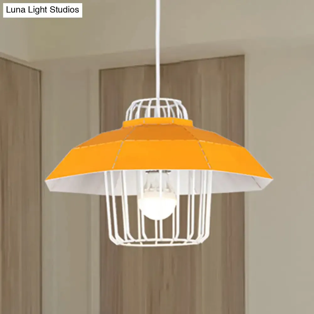 Macaron Style Drum/Bowl Pendant Light in Blue/Orange for Dining Table - Sleek Metallic Hanging Lamp with 1 Light