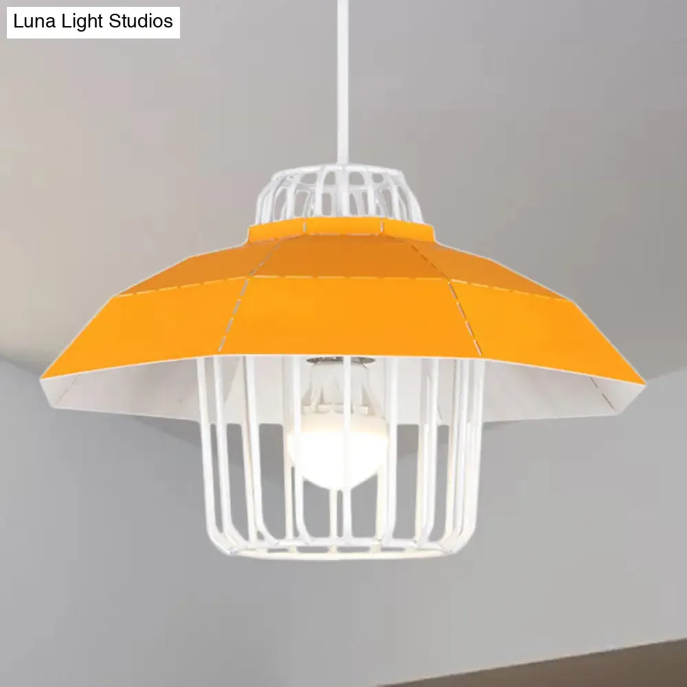 Macaron Style Drum/Bowl Pendant Light in Blue/Orange for Dining Table - Sleek Metallic Hanging Lamp with 1 Light