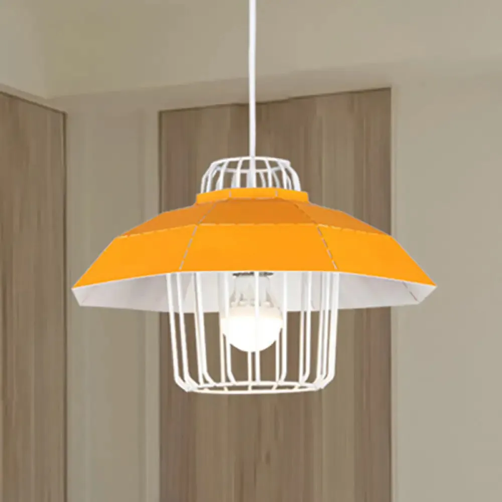 Macaron Style Drum/Bowl Pendant Light in Blue/Orange for Dining Table - Sleek Metallic Hanging Lamp with 1 Light