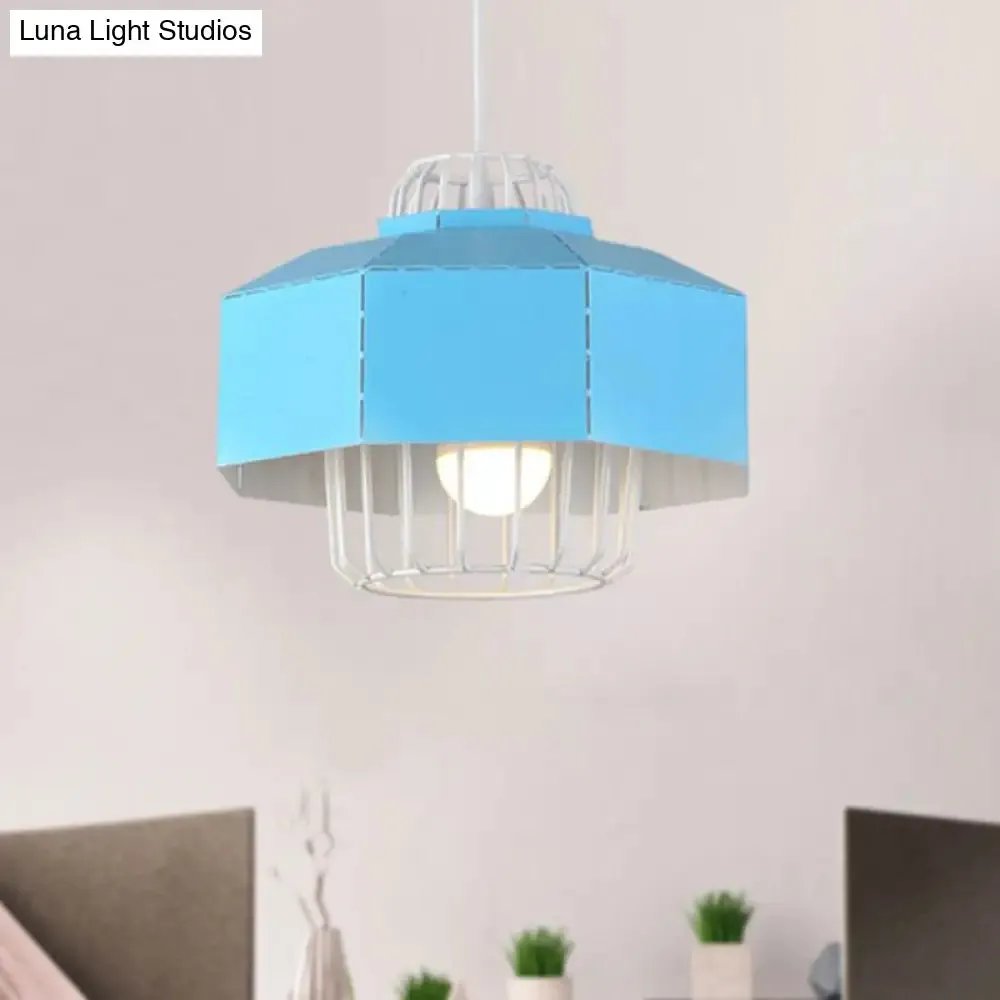 Macaron Style Drum/Bowl Pendant Light in Blue/Orange for Dining Table - Sleek Metallic Hanging Lamp with 1 Light