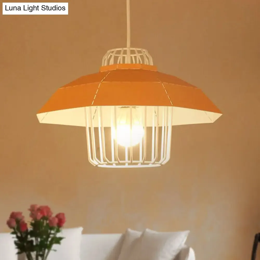 Macaron Style Drum/Bowl Pendant Light in Blue/Orange for Dining Table - Sleek Metallic Hanging Lamp with 1 Light