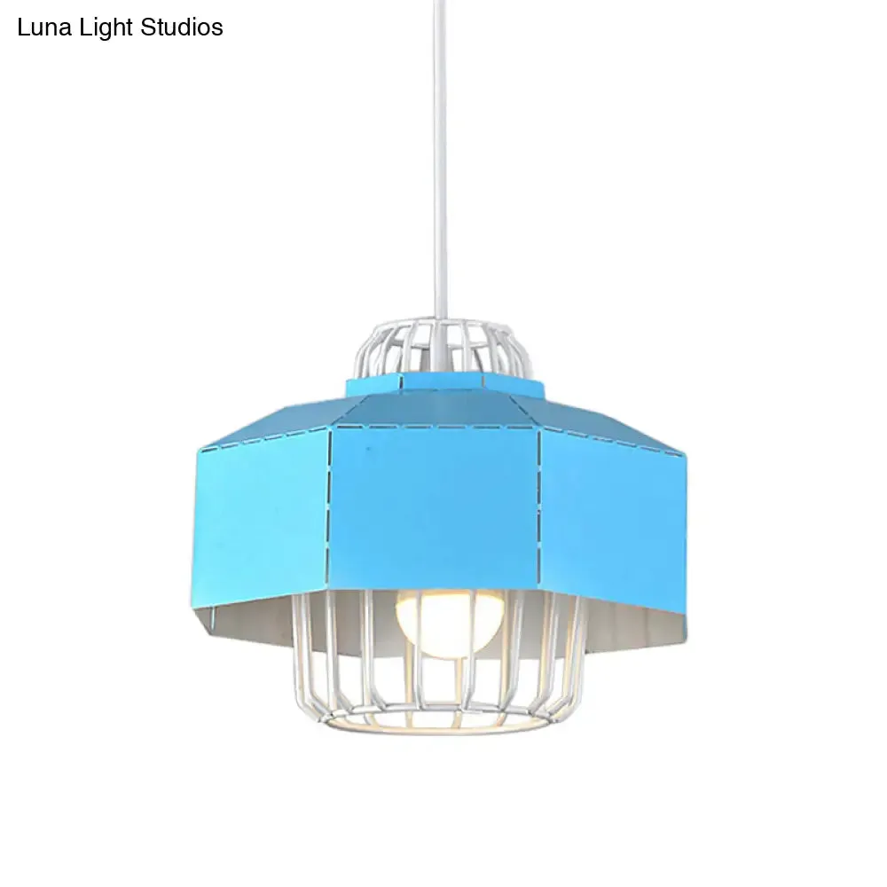 Macaron Style Drum/Bowl Pendant Light in Blue/Orange for Dining Table - Sleek Metallic Hanging Lamp with 1 Light