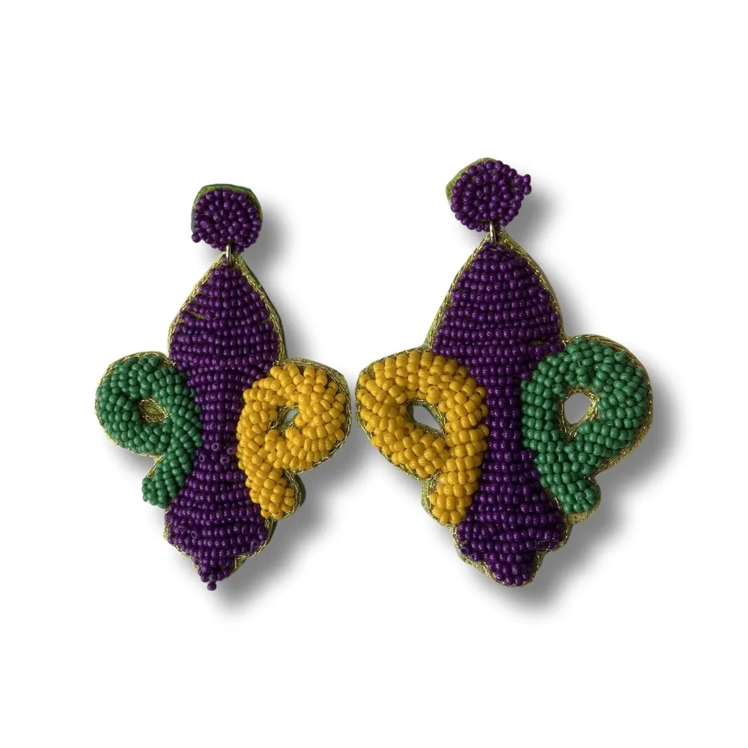 Mardi Gras Beaded Fluer De Lis Earrings